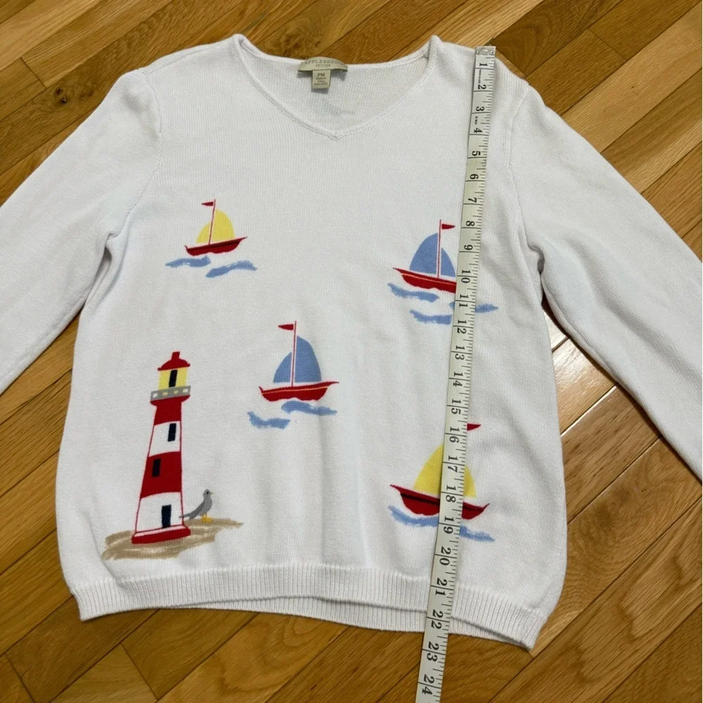 Nautical Themed White Sweater Sailboats and Lighthouse Appleseeds Petite Medium - Picture 3 of 7